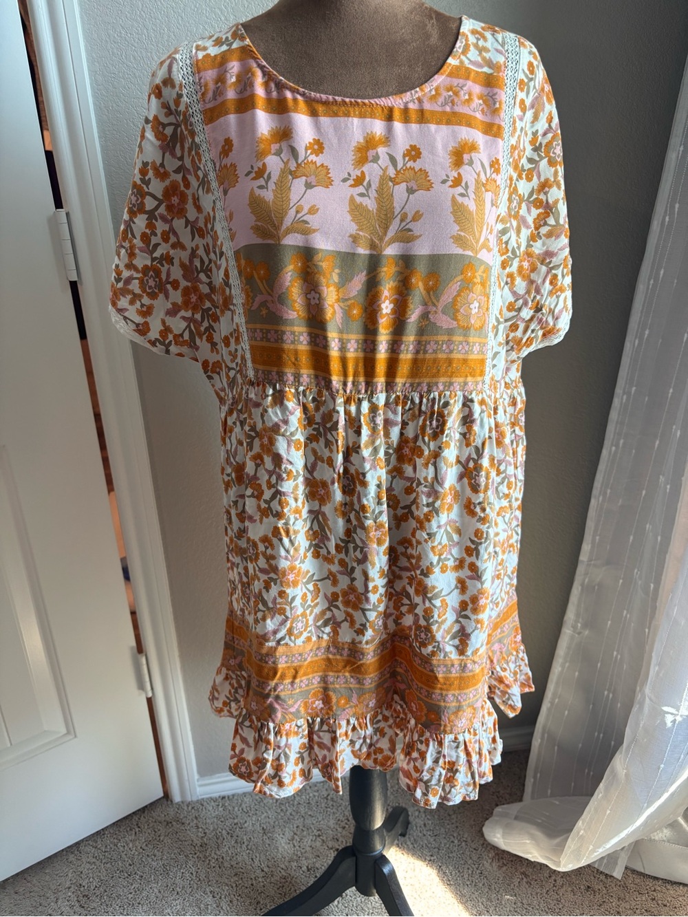 Easel Los Angeles Floral Cotton Babydoll Dress Boho Prairie Ruffle L